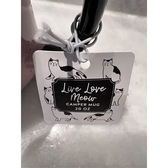 NWT RARE & Unique Camper Mug Live Love Meow Cat Ceramic Coffee Mug Pink 20oz by - Picture 3 of 4